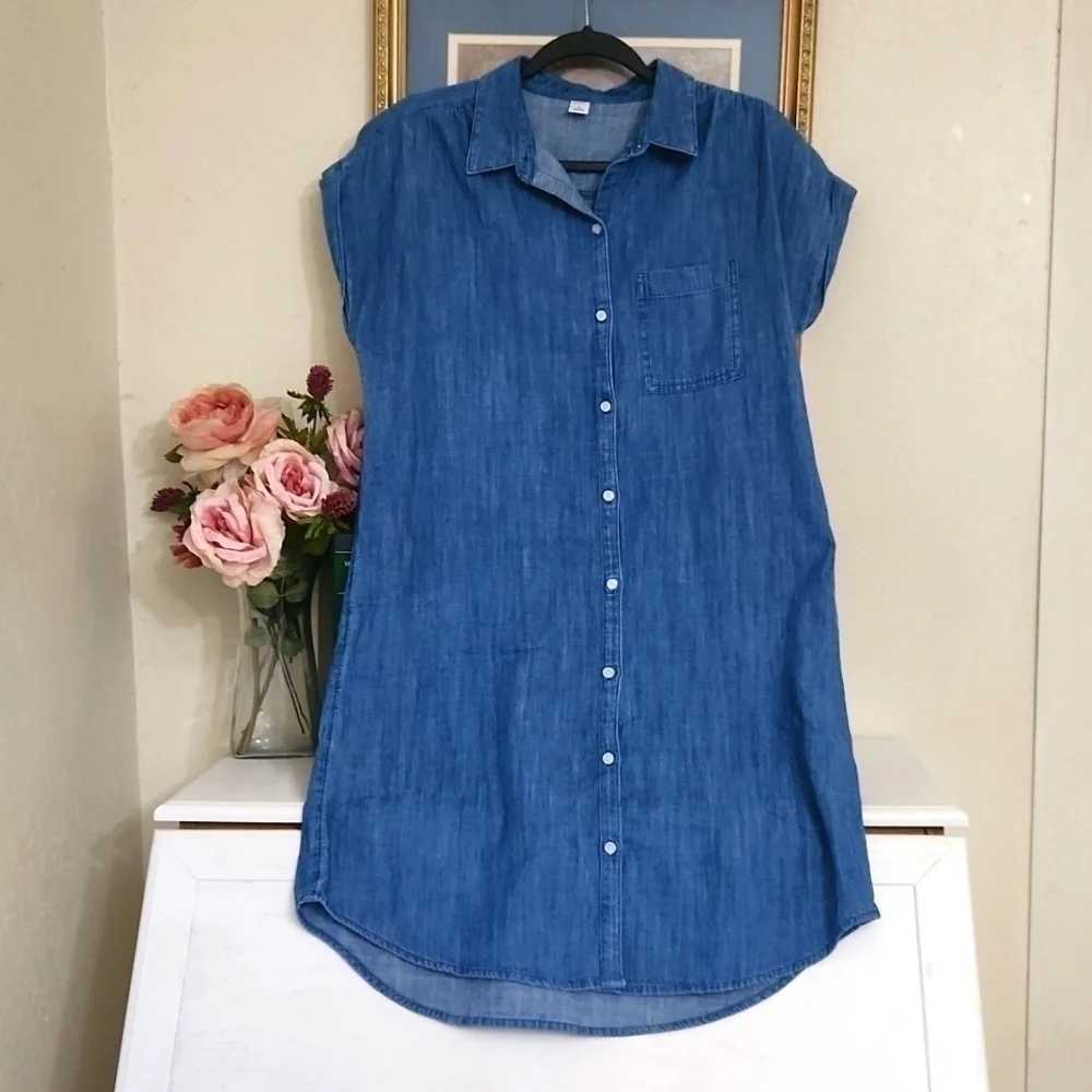 100%Cotton Chambray Cap-Sleeve Shirt Dress Size Medium Casual Lounge Coastal - Picture 2 of 11